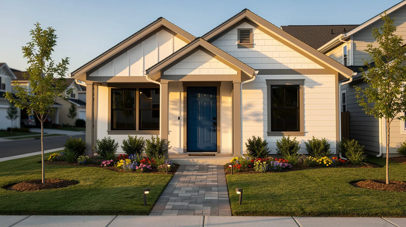 The image depicts a beautifully renovated house exterior, showcasing fresh paint and vibrant landscaping in a charming residential neighborhood. This transformation enhances property values, which can be beneficial for homeowners considering selling their house and managing their mortgage and HELOC balances.