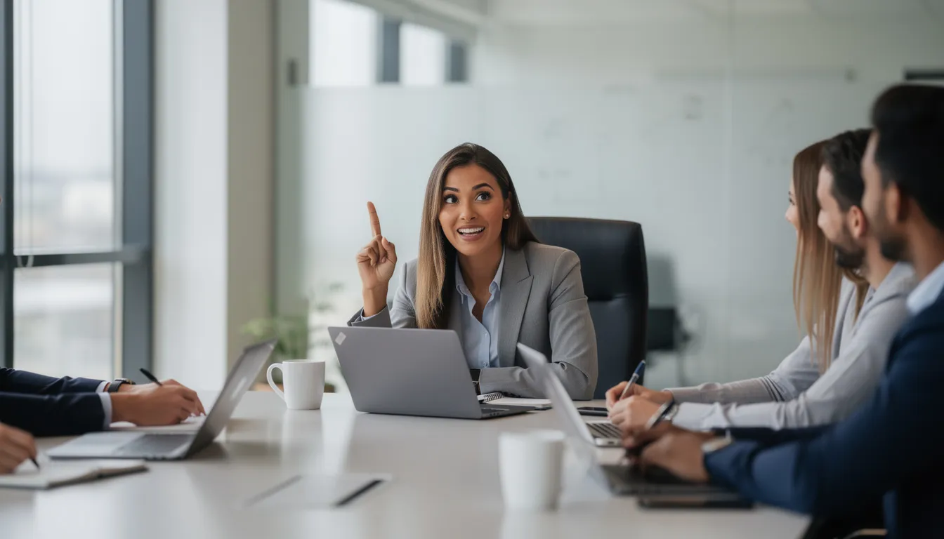 Ein Mädchen hat während eines Meetings eine Idee und hebt die Hand, um eine Frage zu stellen. Im Hintergrund sind weitere Personen zu sehen, die aufmerksam zuhören und Notizen machen, während sie über Themen wie Sprache und Unterrichtsideen diskutieren.