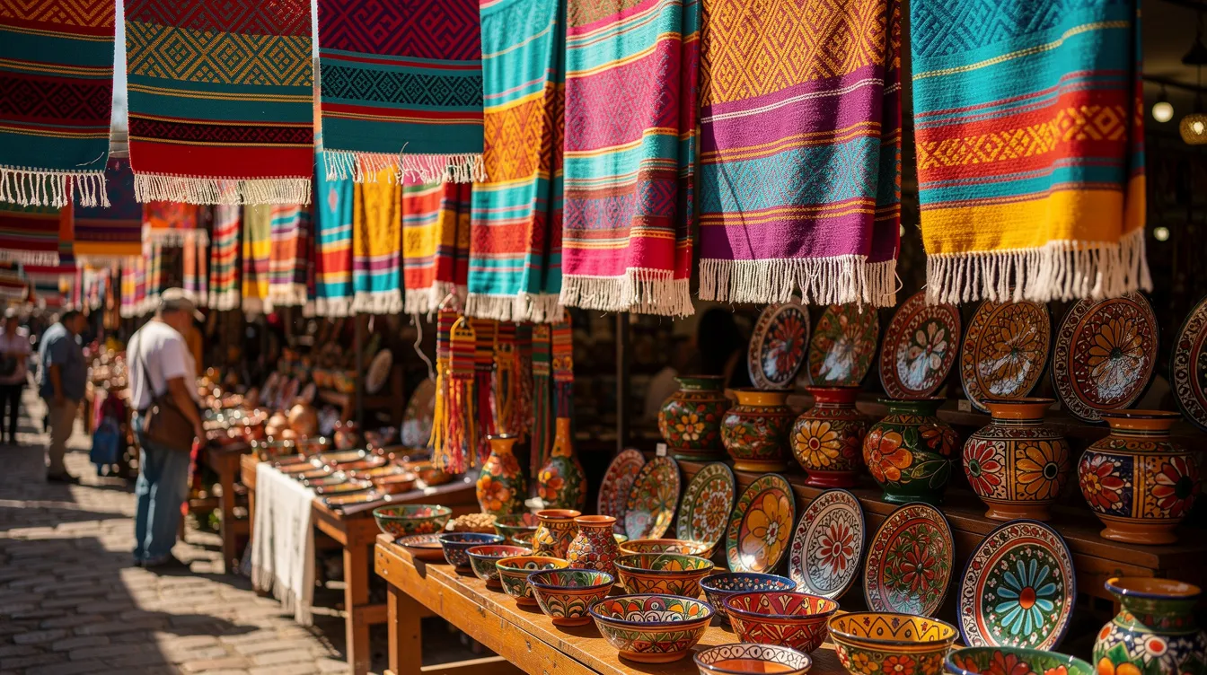 The image depicts vibrant Mexican market stalls adorned with colorful hanging textiles and pottery, showcasing the local culture and craftsmanship. This lively scene captures the essence of shopping in downtown Cancun, where visitors can explore local shops and enjoy street food while taking in the rich atmosphere.