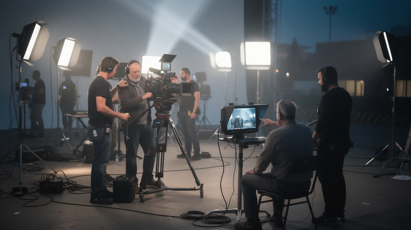 Auf dem Filmset bereitet ein Kamerateam eine weite Aufnahme vor, während im Hintergrund Scheinwerfer leuchten. Im Vordergrund steht der Regisseur mit einem Monitor, der die Szene überwacht, was auf eine Komödie hindeutet, in der möglicherweise Figuren wie Charlotte Field oder Fred Flarsky eine Rolle spielen.