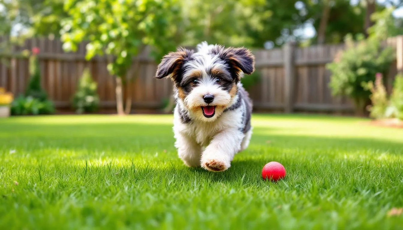 A playful mini Aussiedoodle is joyfully fetching a ball in a fenced backyard, showcasing its affectionate nature and adorable appearance. This fun-loving pup, with its curly coat, is perfect for active families and enjoys the freedom of outdoor play.