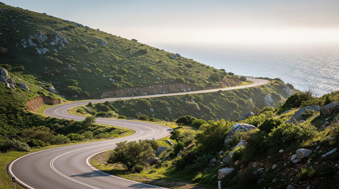 Imagem de uma estrada sinuosa que se estende por uma montanha verde, com uma vista deslumbrante para o mar ao fundo. A cena captura a beleza natural do Montenegro, com vegetação exuberante e o horizonte do mar ao longe, ideal para uma viagem exploratória.