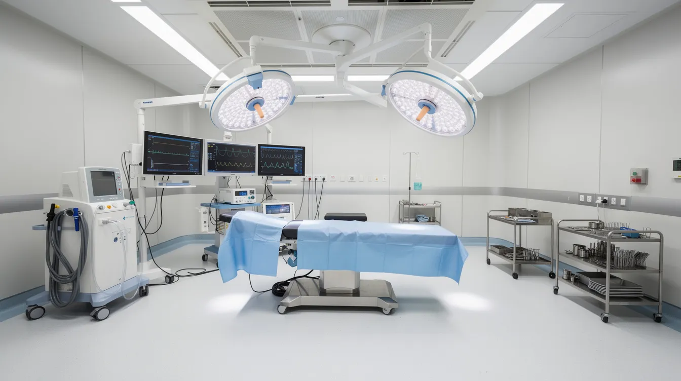 3d7b2207 90ea 47ff 889e 4c451b6a1257 The image shows the interior of a modern hospital operating theatre, equipped with advanced surgical lights and various medical equipment used for procedures such as surgery and cancer treatment. This sterile environment is designed to facilitate the effective diagnosis and treatment of cancer patients, ensuring precise care during critical operations.