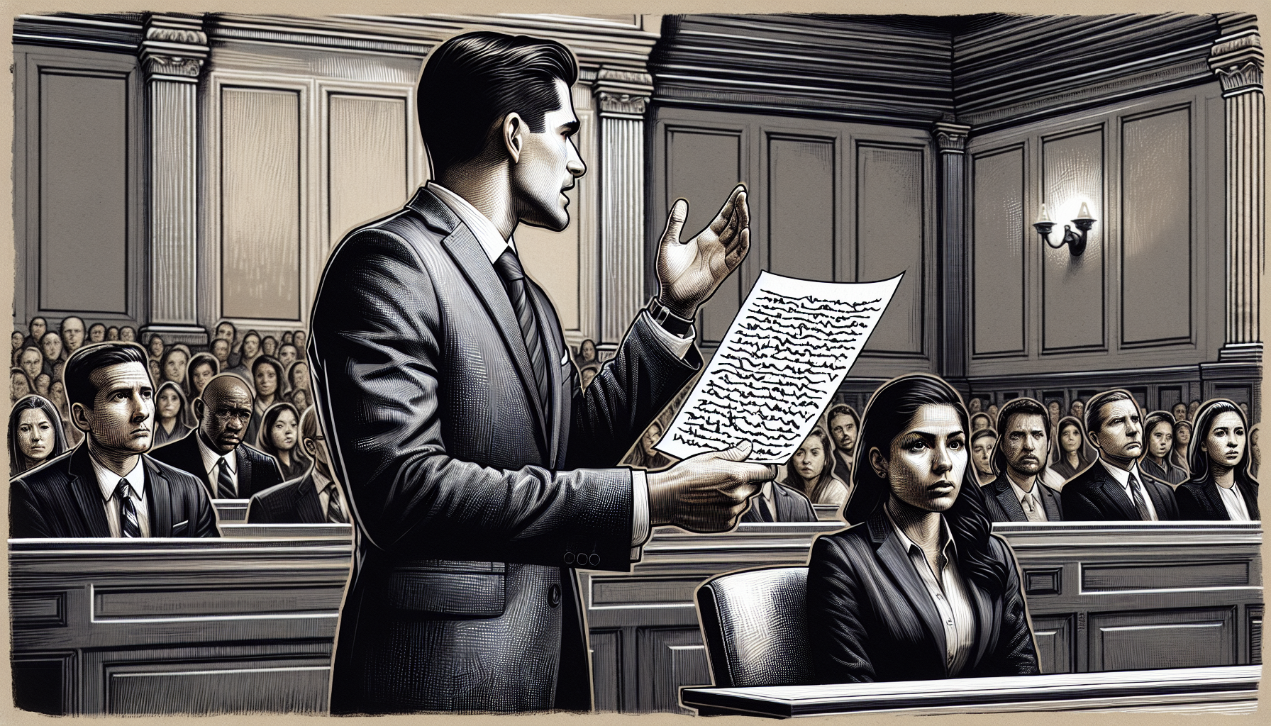 Illustration of a personal injury lawyer representing a client in a courtroom