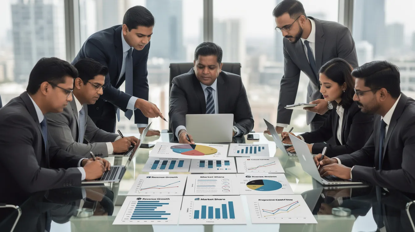 3d7c5d37 0dc8 4f50 a732 1a9311f35898 A group of Indian entrepreneurs is gathered around a conference table, intently reviewing a business plan that includes financial charts and a profit and loss statement, as they strategize on how to find the right investors for their startup's growth potential. The atmosphere reflects a collaborative effort to secure funding from angel investors and venture capital firms.