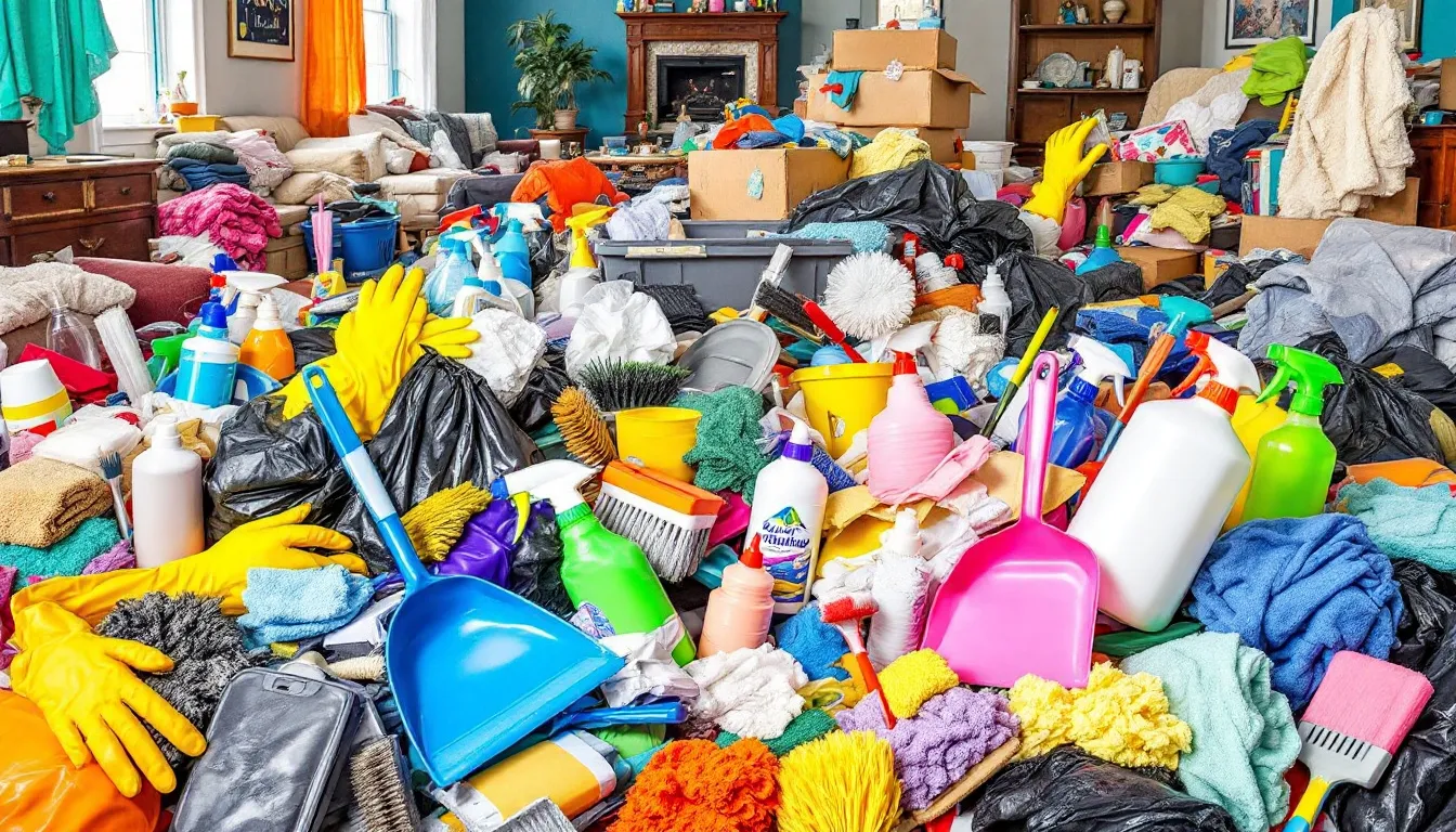 Essential cleaning supplies for a hoarding cleanup process.