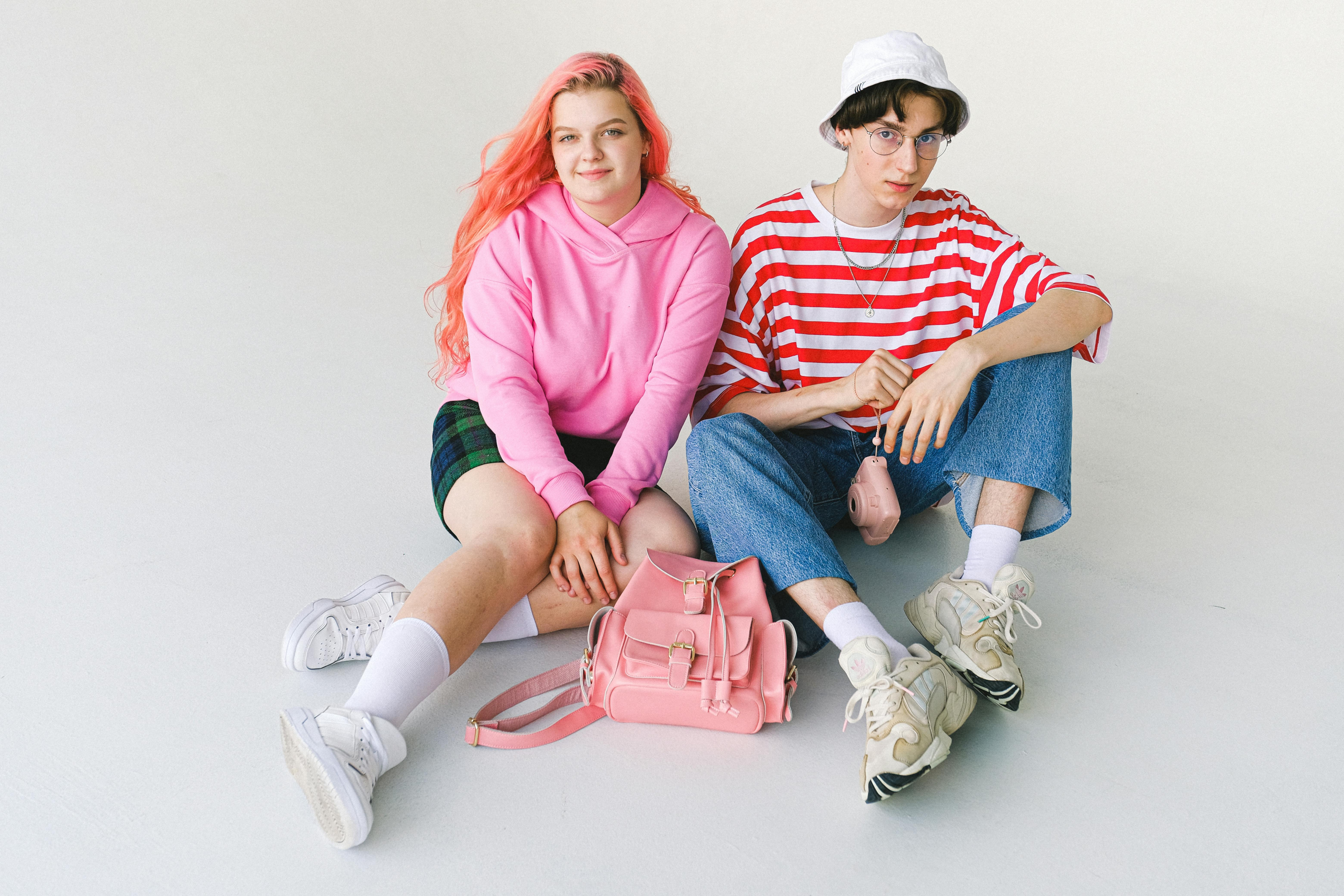 Sitting on the floor, pink backpack, cool backpack // wrap backpack, backpack