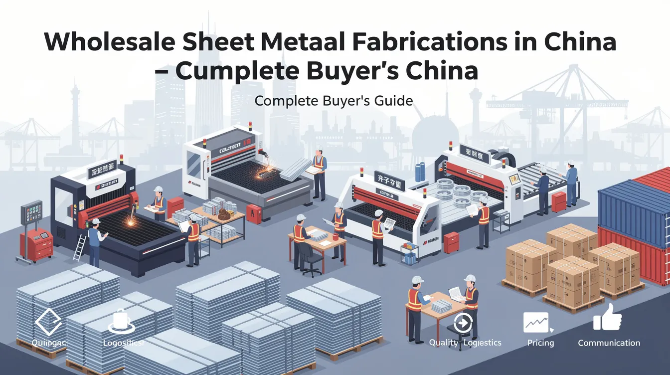 The image depicts a comprehensive buyer's guide for wholesale sheet metal fabrication suppliers in China, highlighting various aspects such as custom sheet metal fabrication services, precision sheet metal parts, and advanced technology like laser cutting and CNC machining. It emphasizes the capabilities of sheet metal manufacturers in producing high-quality, corrosion-resistant components for mass production and complex projects.