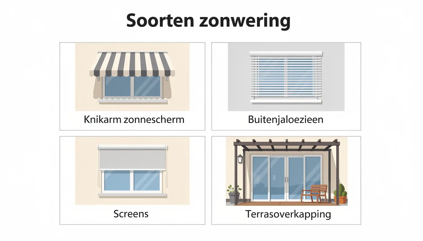 De afbeelding toont verschillende soorten zonwering, waaronder zonneschermen, screens en rolluiken, die aan de buitenkant van ramen zijn bevestigd. Deze effectieve zonwering biedt optimale bescherming tegen de felle zon en zorgt voor een aangenaam binnenklimaat.