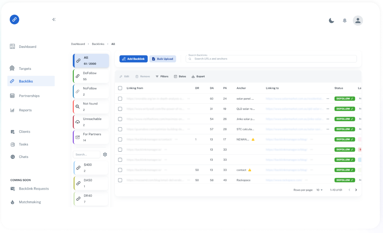 Backlink Manager dashboard