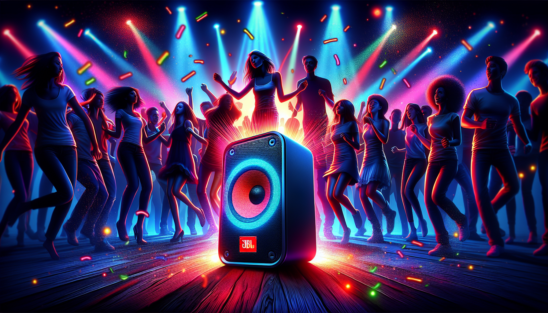 Ilustração da JBL PartyBox 310 com efeitos de luzes em uma festa animada