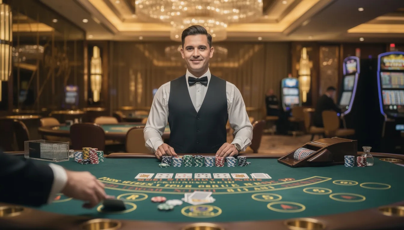 En dealer står vid ett blackjackbord i en professionell casinomiljö, omgiven av spelare som fokuserar på spelet. Atmosfären är spännande och livlig, vilket är typiskt för ett live casino hos fun casino.