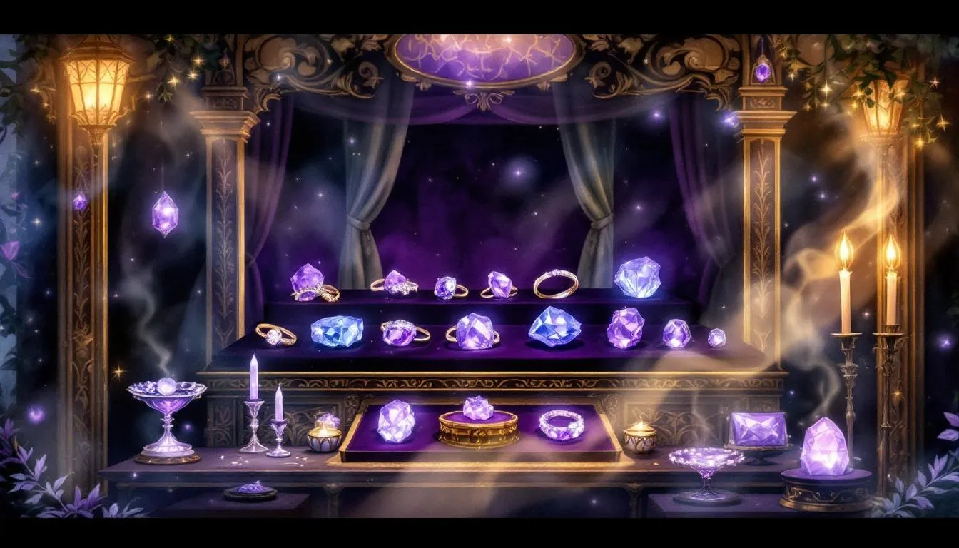 A storefront displaying amethyst bracelets for sale.