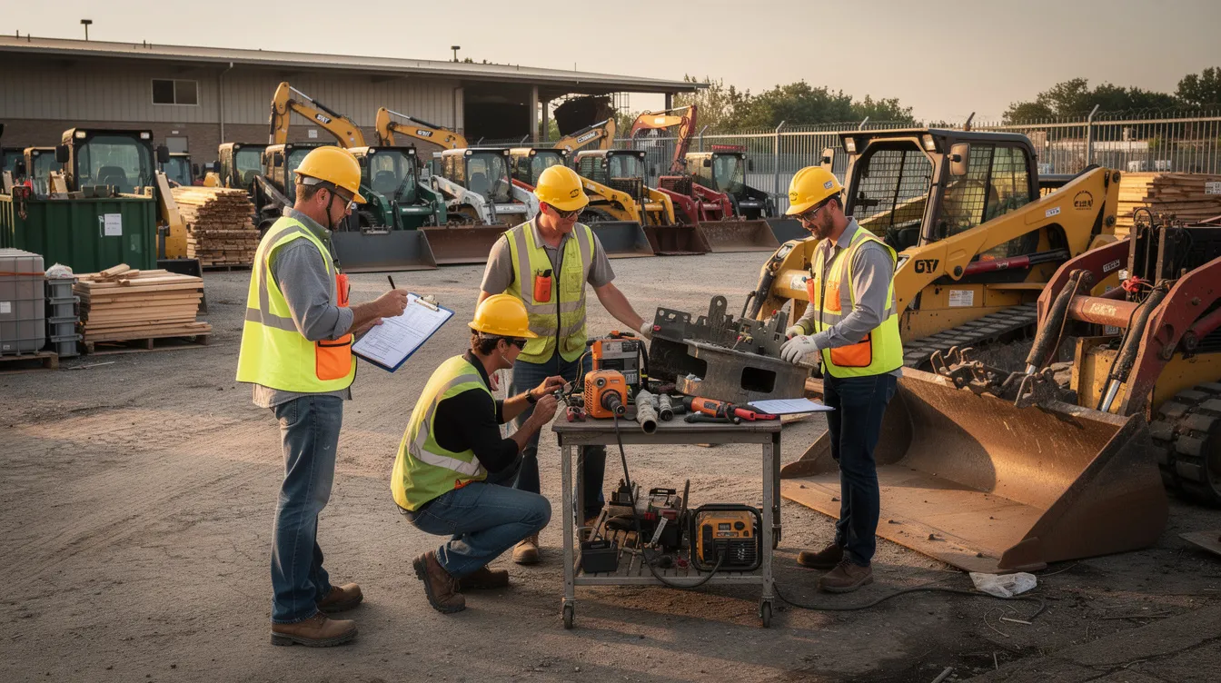 A construction crew is gathered in a maintenance yard, examining various pieces of heavy construction equipment. The scene highlights the importance of equipment tracking and maintenance scheduling to enhance operational efficiency and prevent equipment theft in the construction industry.