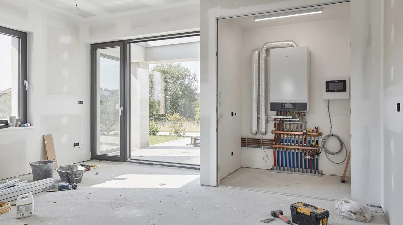 L'image montre l'intérieur lumineux d'une villa en cours de rénovation, où une pompe à chaleur moderne est installée dans un local technique. Ce bâtiment est soumis à l'évaluation pour l'établissement d'un certificat énergétique cantonal (CECB), visant à améliorer son efficacité énergétique et réduire les émissions directes de CO2.