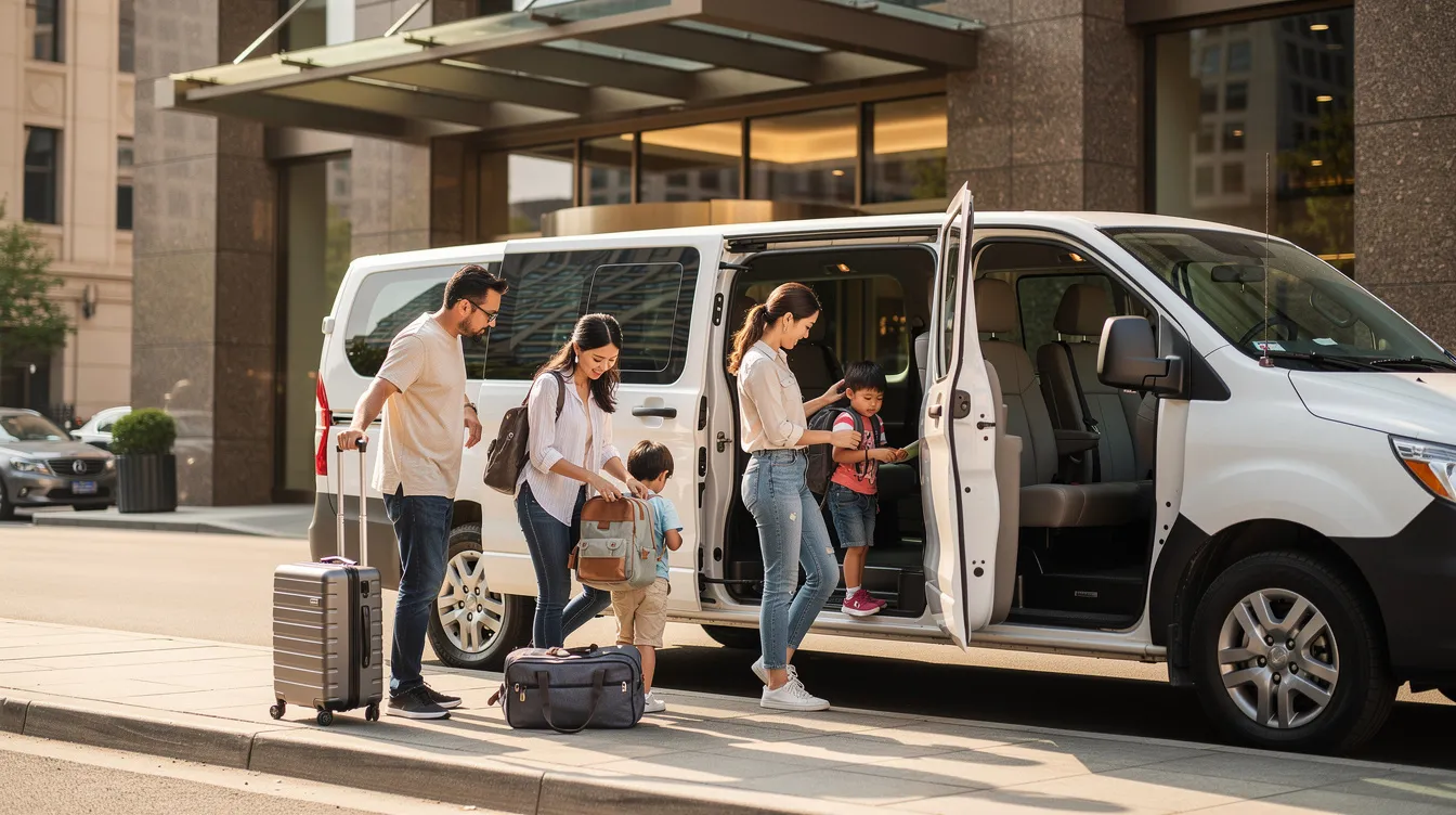 A family group is seen boarding a private minibus outside a city hotel, ready to embark on a day trip filled with sightseeing and adventure. This quick getaway promises to be a great day of exploration and enjoyment at various attractions.
