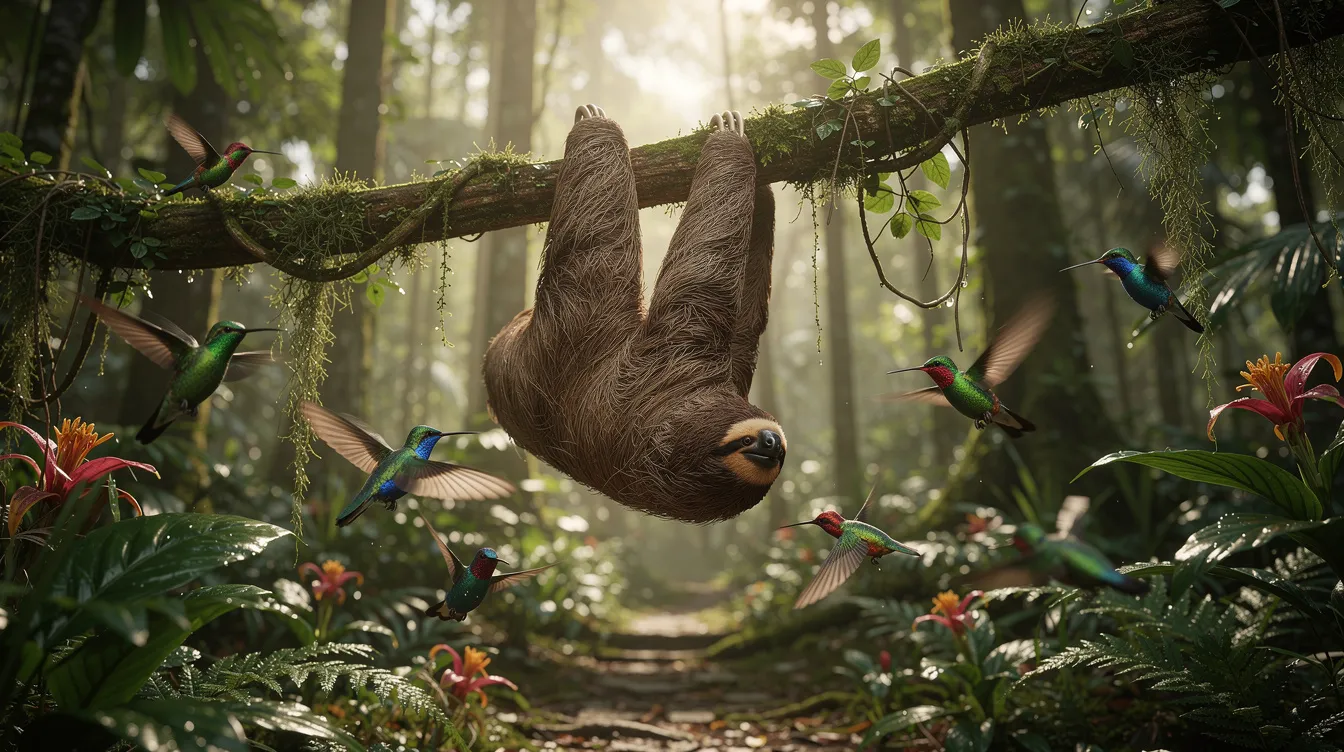 The image depicts a vibrant tropical rainforest scene with a sloth leisurely hanging from a branch, surrounded by colorful hummingbirds flitting among the lush green vegetation, showcasing the natural beauty and rich fauna of the environment. This picturesque setting captures the essence of the world's diverse ecosystems, much like the beautiful banknotes that represent various cultures and countries.