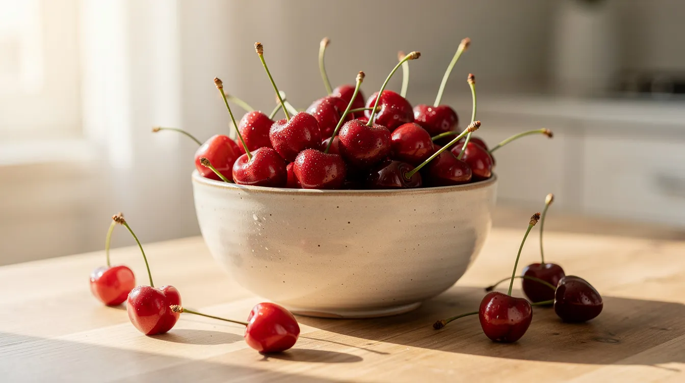 The image shows a bowl filled with fresh tart cherries bathed in soft morning light, highlighting their vibrant red color. Tart cherries are known for their health benefits, including their potential to improve sleep quality and promote a good night&rsquo;s sleep.