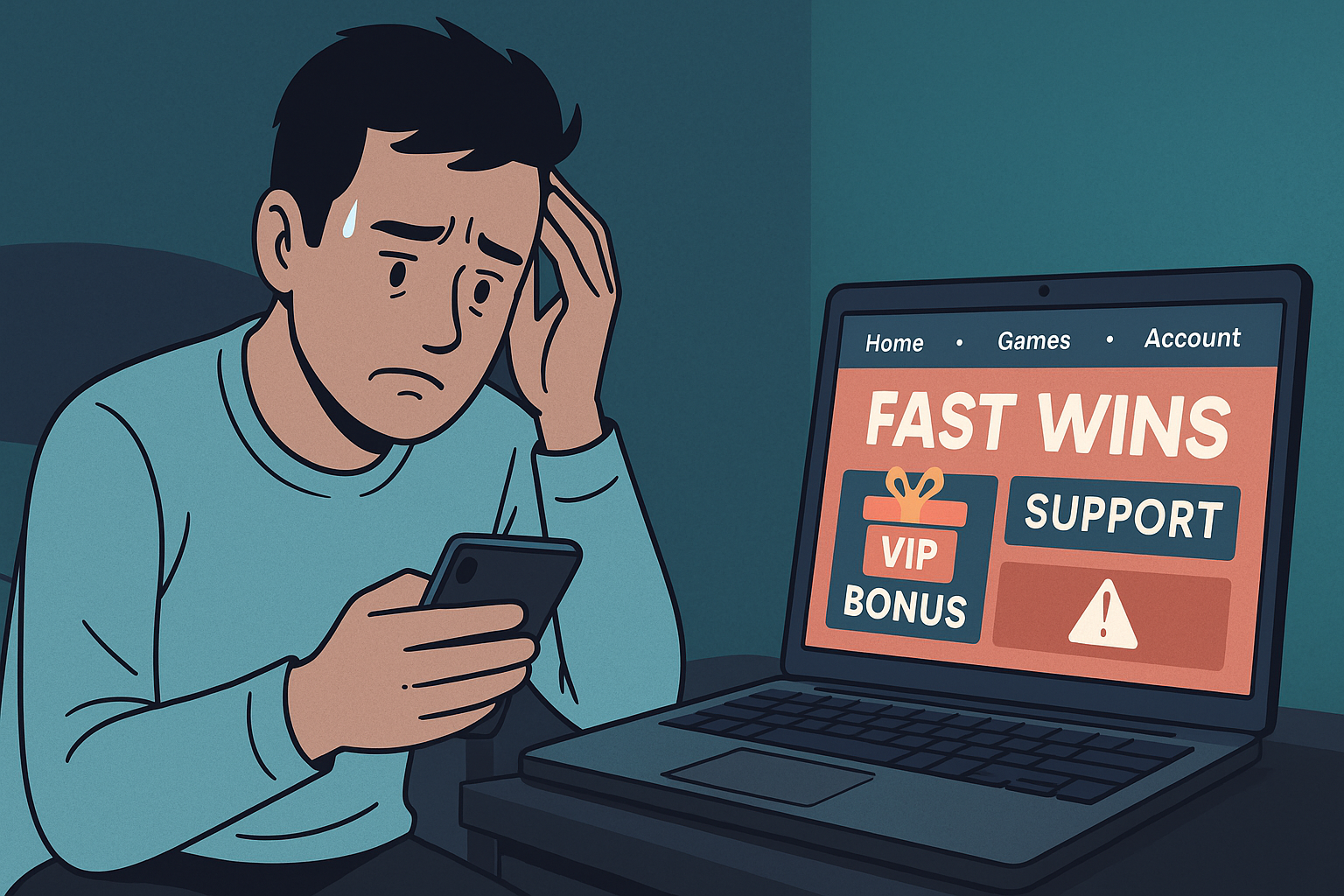 A semi-realistic digital illustration of a frustrated man holding his phone on a scam betting platform.