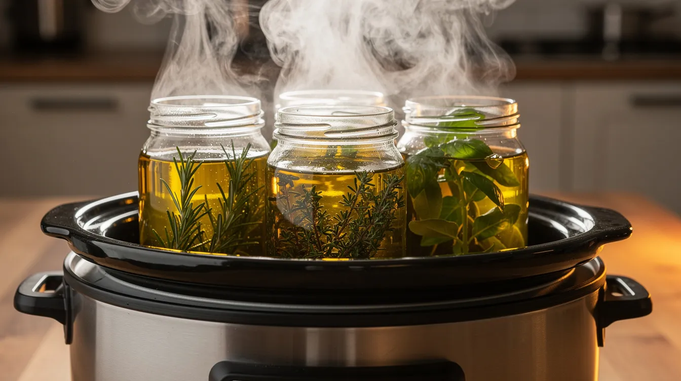 The image shows a slow cooker with several glass jars filled with fresh herbs steeping in golden olive oil, surrounded by a gentle steam, illustrating the process of creating infused oils for natural soap making. The scene highlights the infusion method, capturing the essence of herbal infusions that enhance the beneficial properties of the oils.