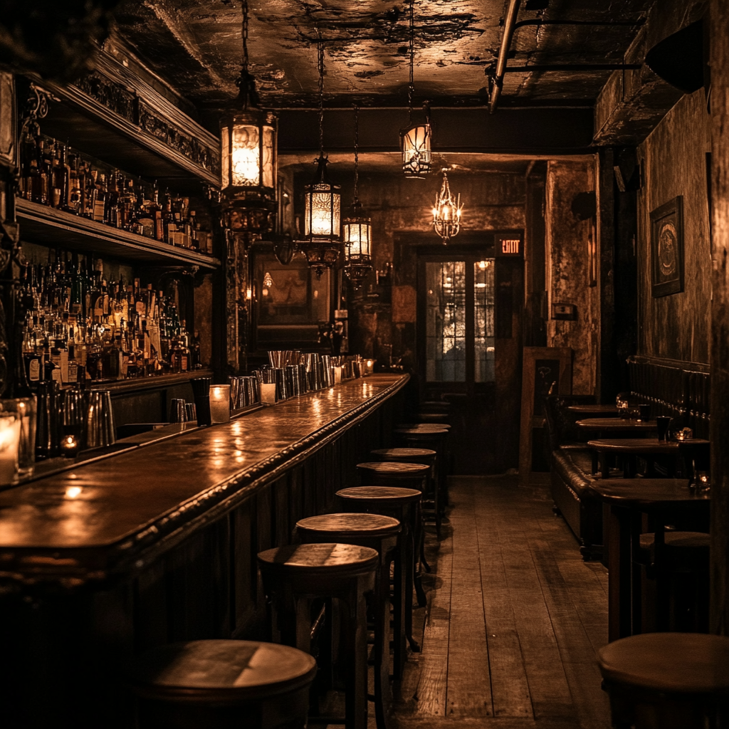 A hidden speakeasy bar with vintage decor and dim lighting, showcasing a unique atmosphere for first-time tourists.