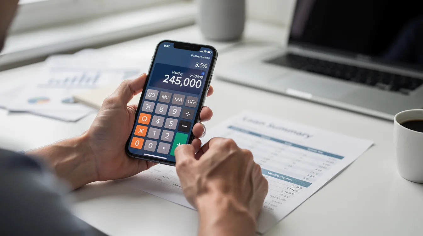 A person is using a smartphone with a calculator app open, specifically checking figures related to a loan, such as the loan amount and monthly repayment amount. The screen displays various calculations, including interest rates and repayment terms, highlighting the utility of a loan calculator for personal loan assessments.