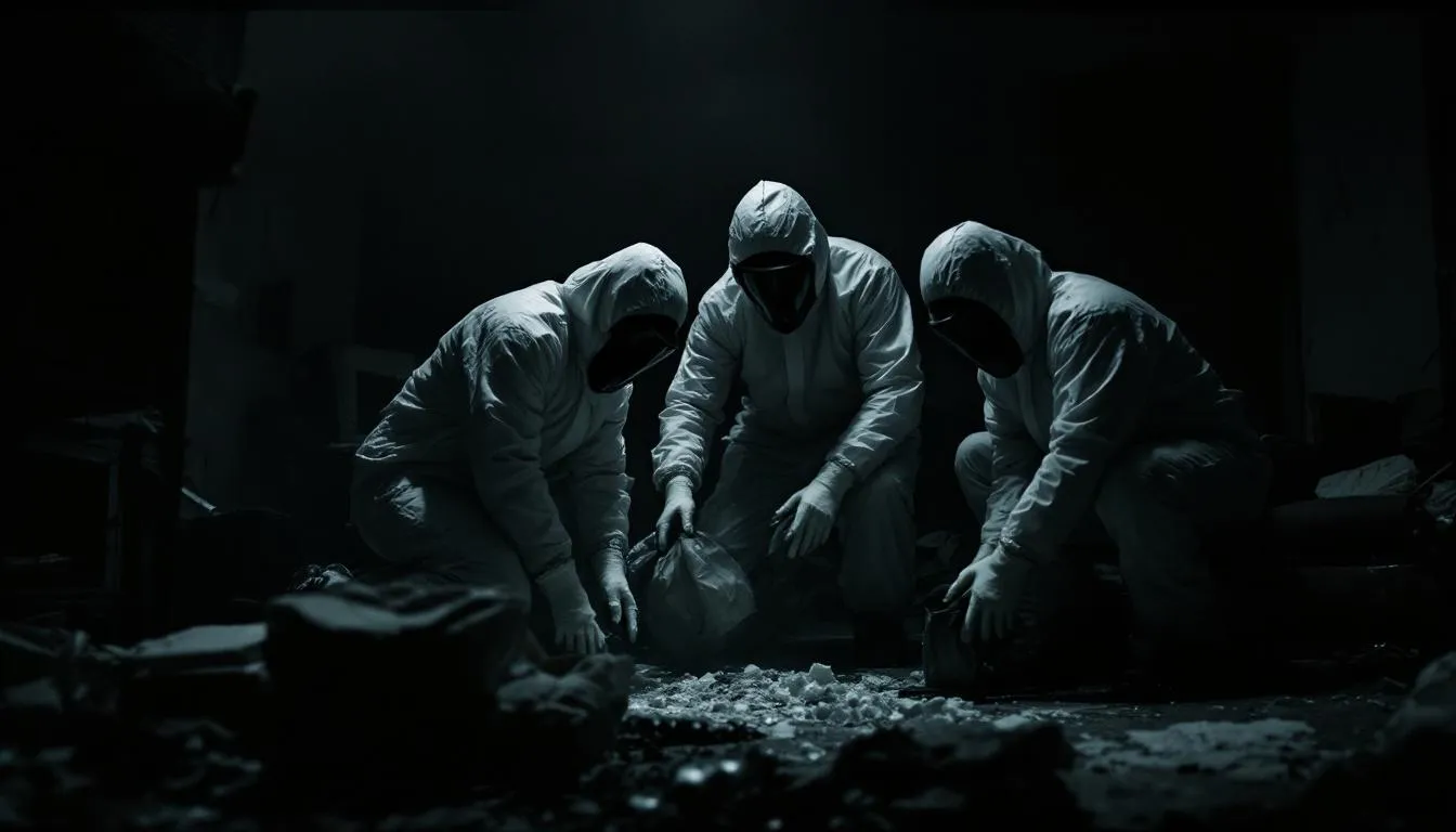 A clean up crew after death in action, wearing protective gear.
