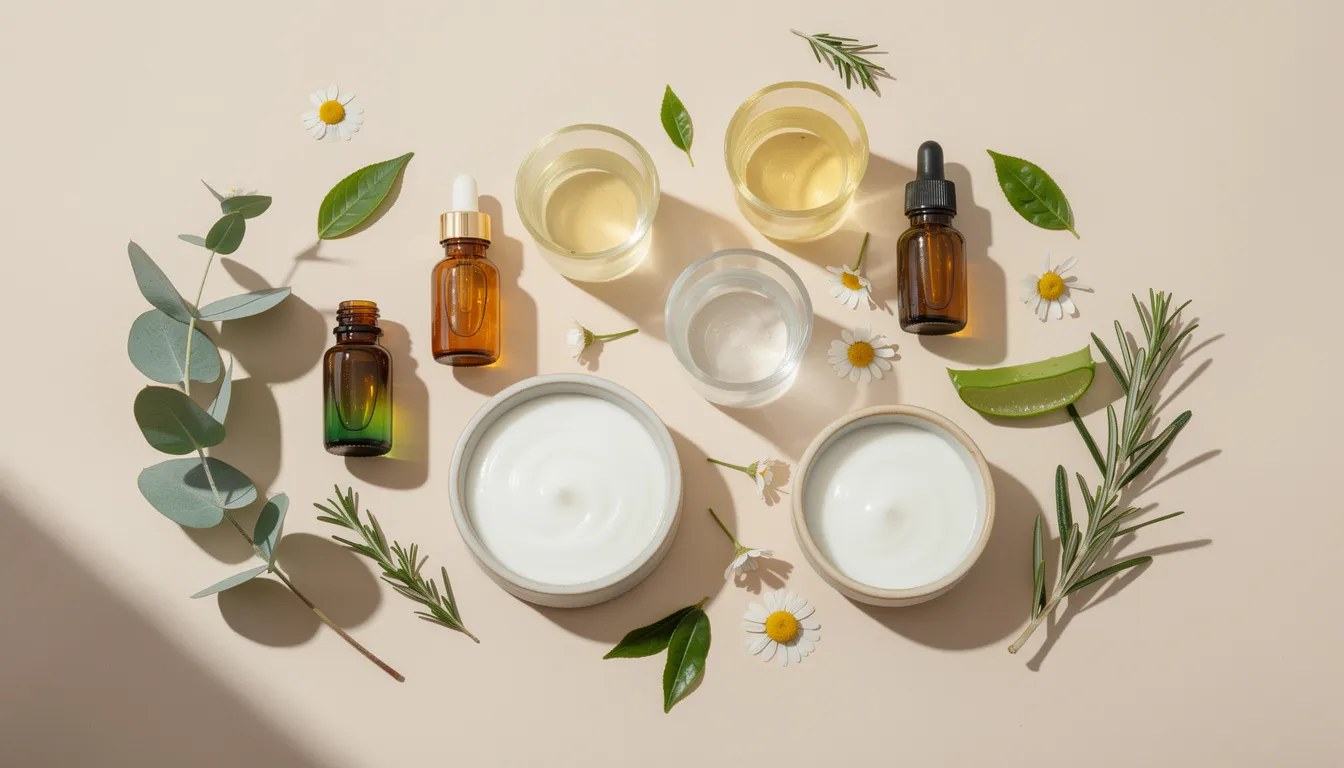 The image features an array of botanical extracts and plant-based oils, carefully arranged to showcase their use in natural cosmetics. These ingredients emphasize a commitment to clean beauty and sustainability, highlighting their benefits for skin and body without harsh chemicals.