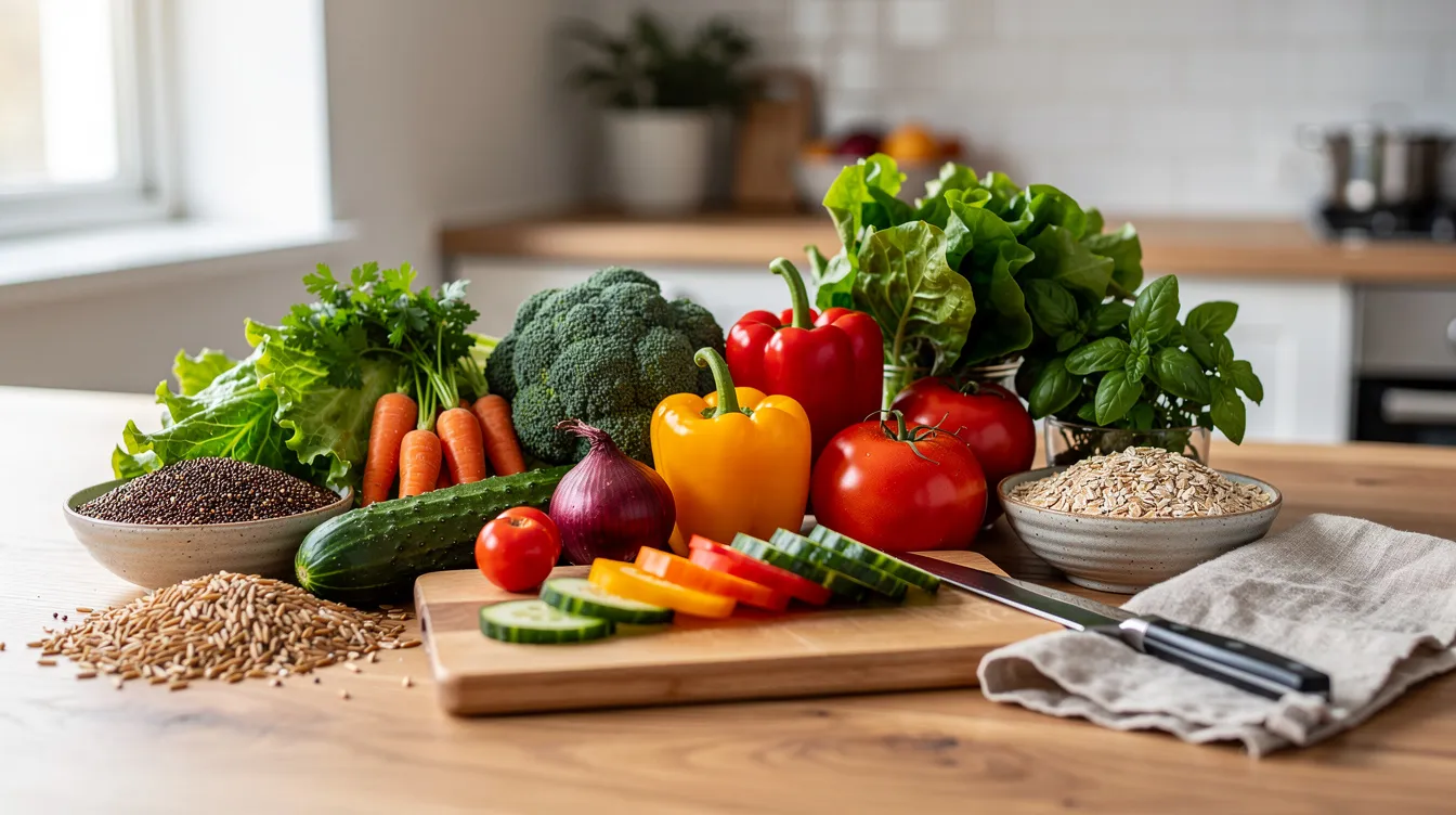 The image showcases a vibrant assortment of fresh vegetables and whole grains neatly arranged on a kitchen counter, symbolizing a healthy diet that supports glucose metabolism and aids in blood sugar control. This colorful display emphasizes the importance of complex carbohydrates and nutrient-rich foods in promoting healthy aging and weight loss.