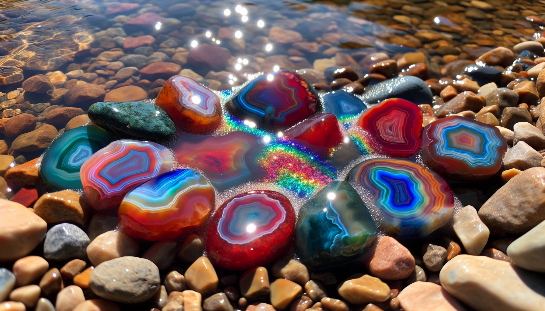 A collection of different types of agate stones placed near a water source
