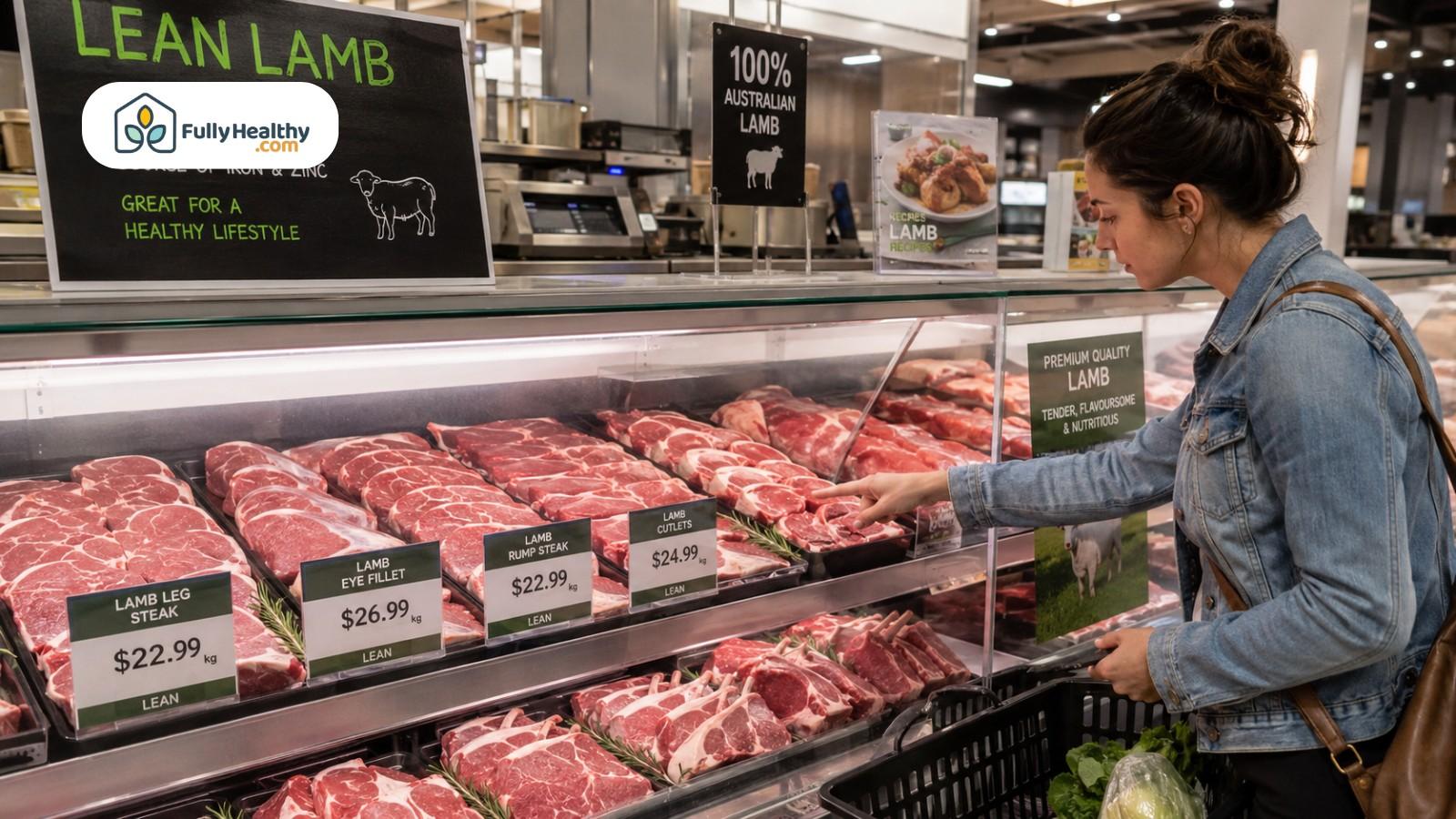 Shopper choosing lean lamb cuts at butcher counter with fresh meat display