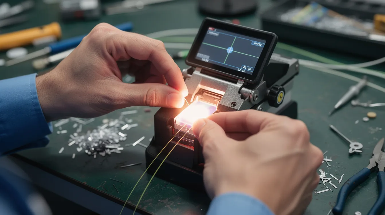A close-up image shows skilled hands of a low voltage technician performing fiber optic fusion splicing using a splicing machine on a work table, highlighting the precision and care involved in maintaining electrical systems. This hands-on training is essential for technicians in low voltage systems and ensures they are prepared for high-demand careers in the industry.