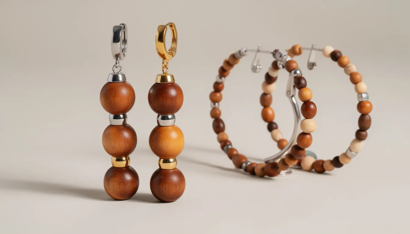 The image showcases a pair of elegant drop earrings featuring wooden beads in a mix of natural colors, including light green and deep purple. These stylish wooden bead earrings are designed with silver findings, making them a perfect statement accessory for both casual and formal occasions.
