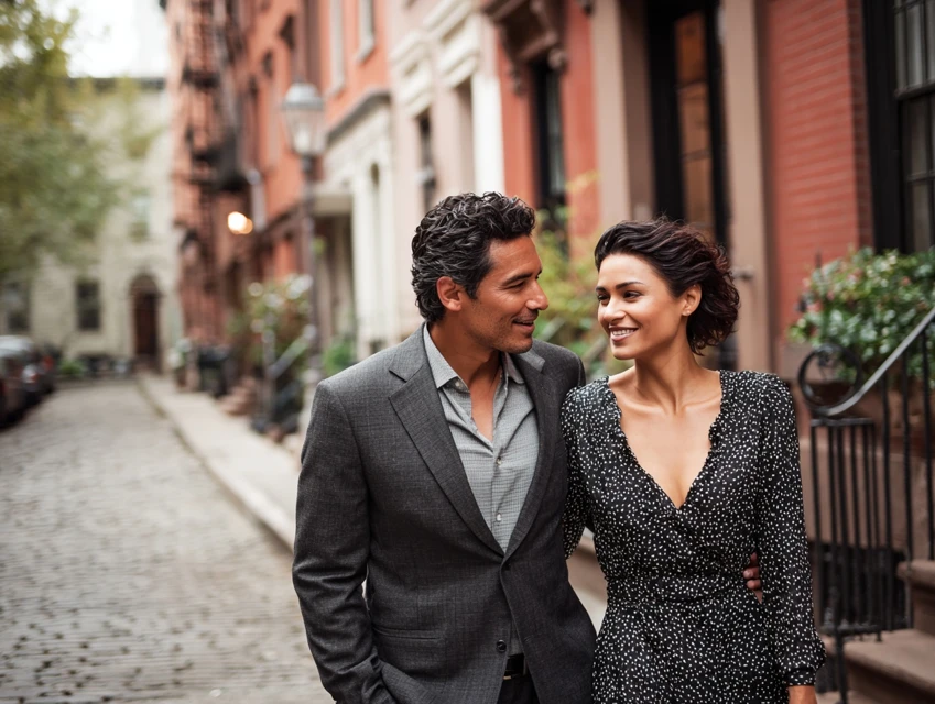 Latino couple walking together on a residential New York City street, appearing emotionally connected and at ease in their relationship.