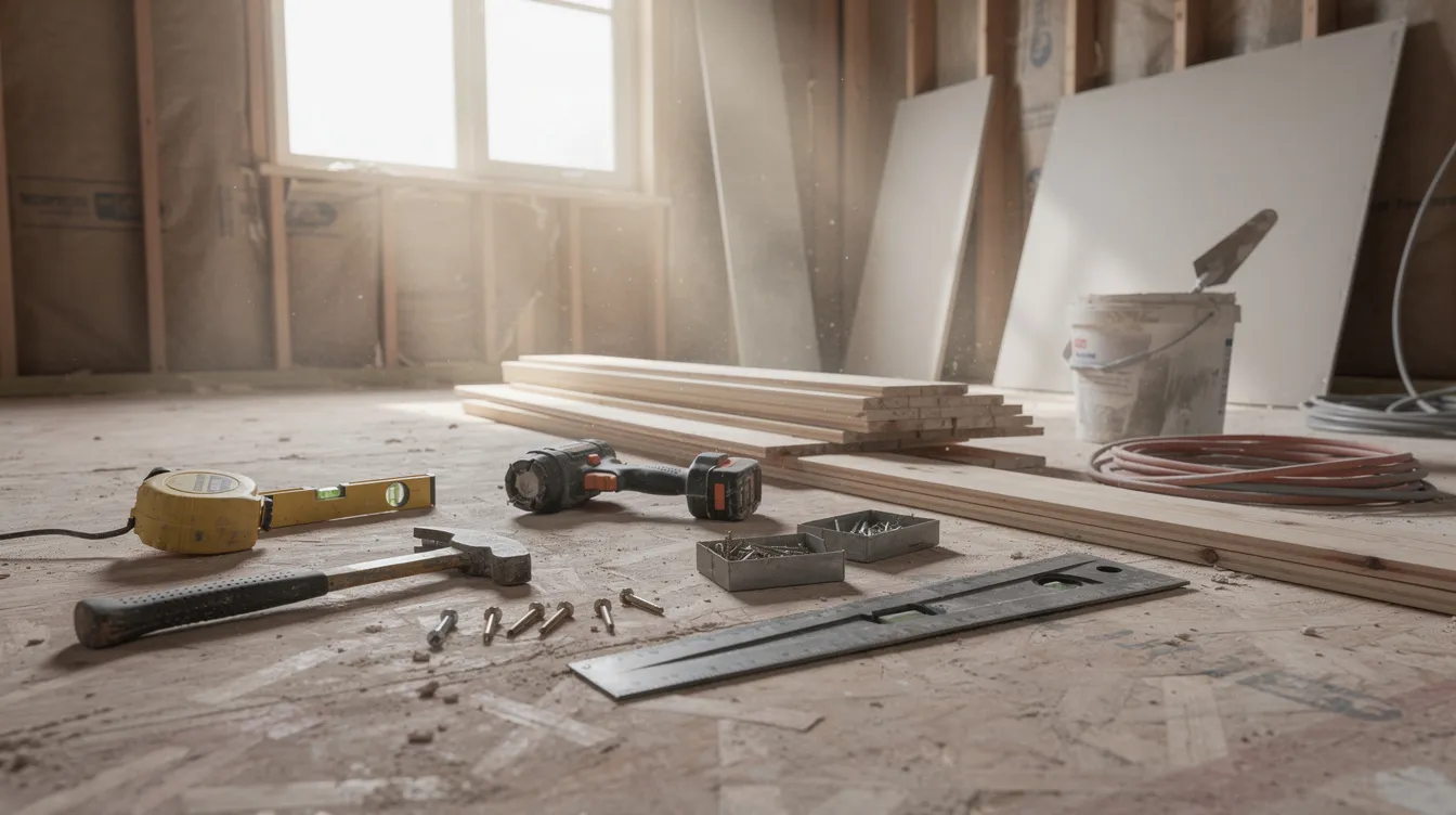 The image shows various construction tools and building materials scattered on the floor of a house undergoing renovation, highlighting the preparations for updates that could enhance the property's value for real estate investors. This renovation may involve using a home equity line or a cash out refinance to fund improvements, ultimately aiming to generate rental income from the investment property.