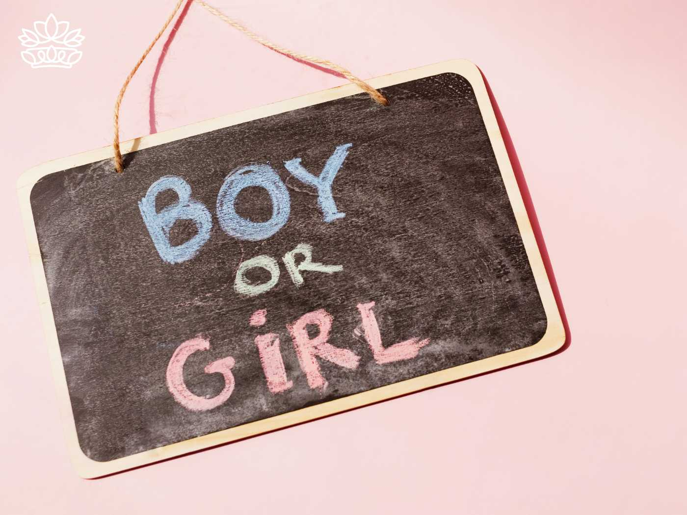 Chalkboard sign reading 'Boy or Girl' representing the Gender Reveal Collection from Fabulous Flowers and Gifts.