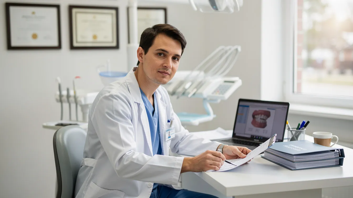 A dental professional sits at a desk, reviewing patient records and insurance information to ensure accurate dental billing and enhance patient satisfaction. The environment reflects a dental practice focused on efficient practice management and the billing process for dental services.