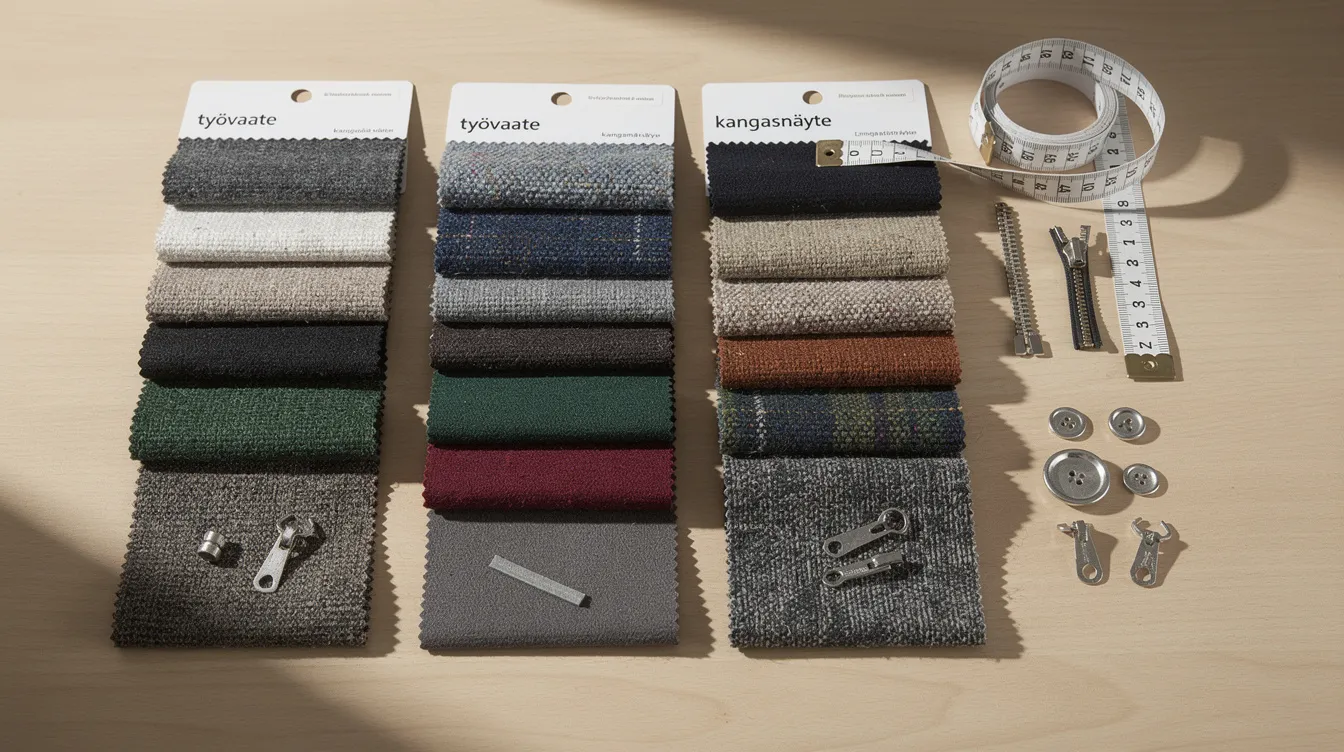 Kuvassa on erilaisia ty&ouml;vaatemateriaaleja ja kangasn&auml;ytteit&auml; esill&auml; p&ouml;yd&auml;ll&auml;, jotka tarjoavat vaihtoehtoja ty&ouml;vaatteisiin yrityksen logolla tai omalla painatuksella. N&auml;ytteet esittelev&auml;t eri v&auml;rej&auml; ja tekstuureja, jotka sopivat erilaisiin ty&ouml;teht&auml;viin.