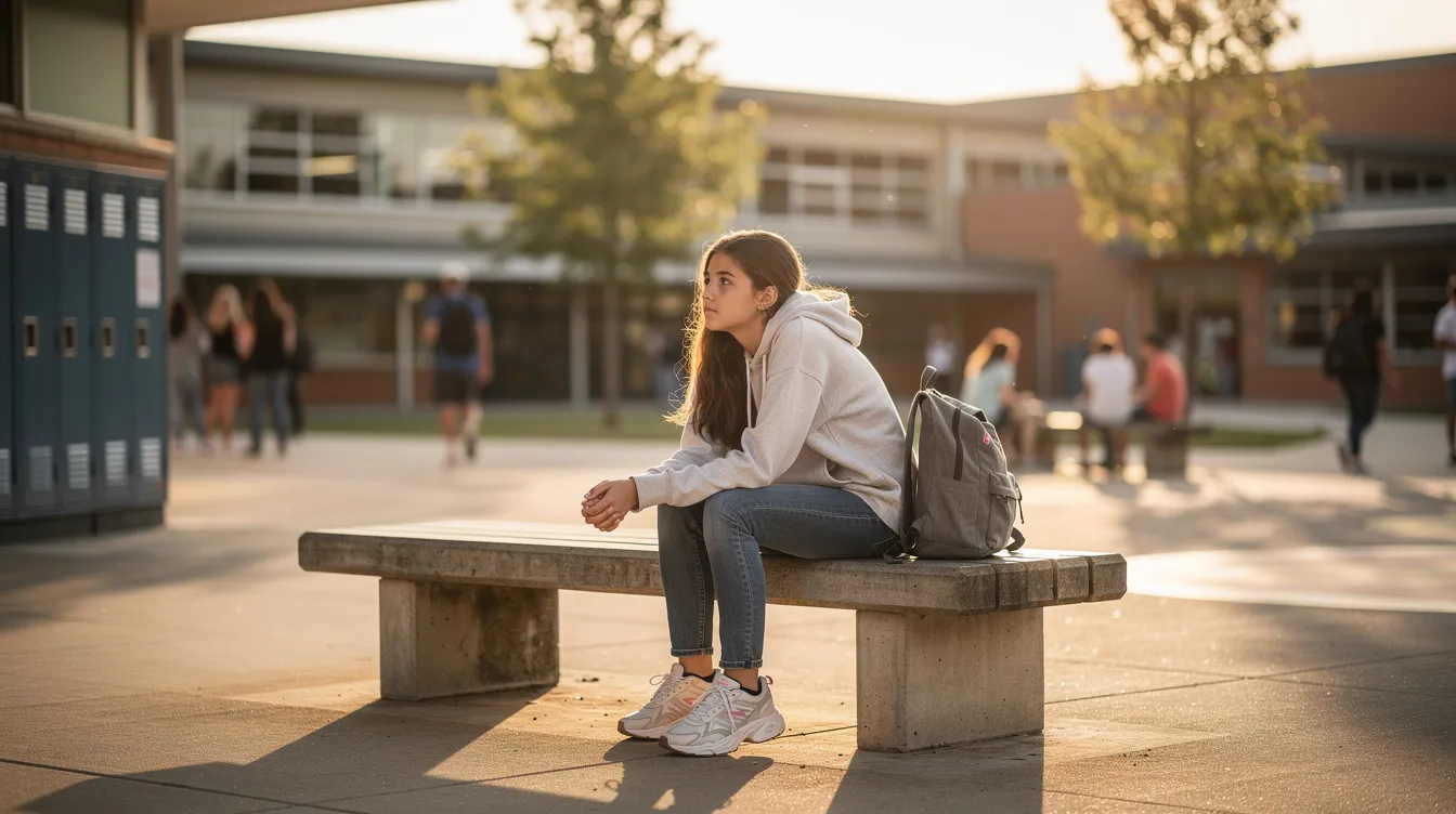 A teenage girl sits alone in a school courtyard, appearing thoughtful and contemplative, reflecting the challenges that many neurodivergent girls face in social settings. This moment captures the intersection of mental health and adolescent experiences, highlighting the importance of understanding autism symptoms and the need for proper support for neurodivergent young people.