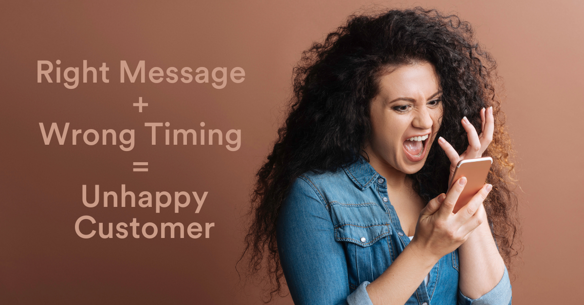 This is an image of a consumer who is unhappy because they received a text at the wrong time.