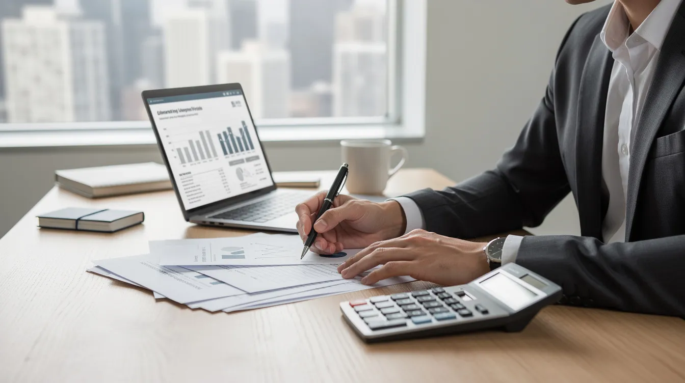 3da07c4d 8995 4f20 80ca 84f97dcb6a22 A financial professional is seated at a desk, intently reviewing documents while using a calculator and laptop. The workspace is organized, reflecting a focus on hospital construction costs and budgeting for healthcare facilities.