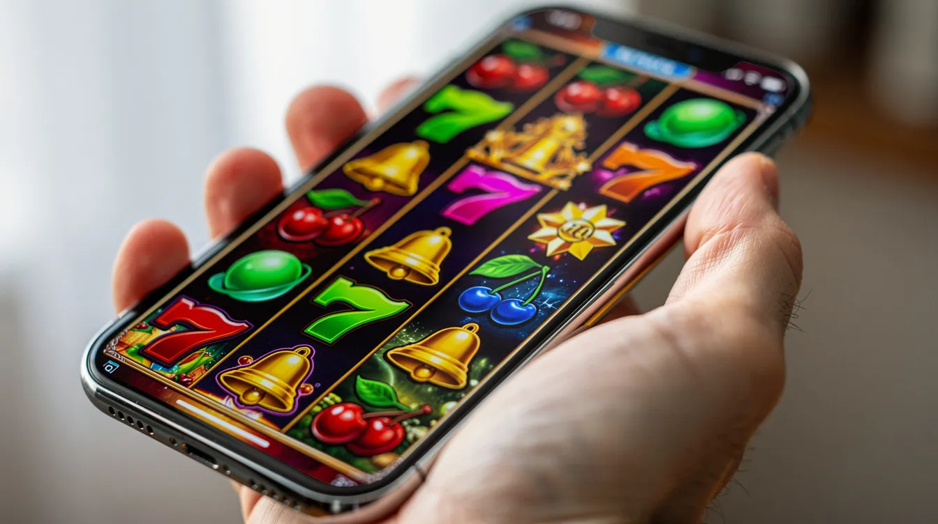 A person's hand holds a smartphone displaying vibrant slot game reels filled with colorful symbols, showcasing the excitement of spina zonke games. The bright graphics hint at the potential for big wins and thrilling gameplay, inviting players to explore the world of slot games.