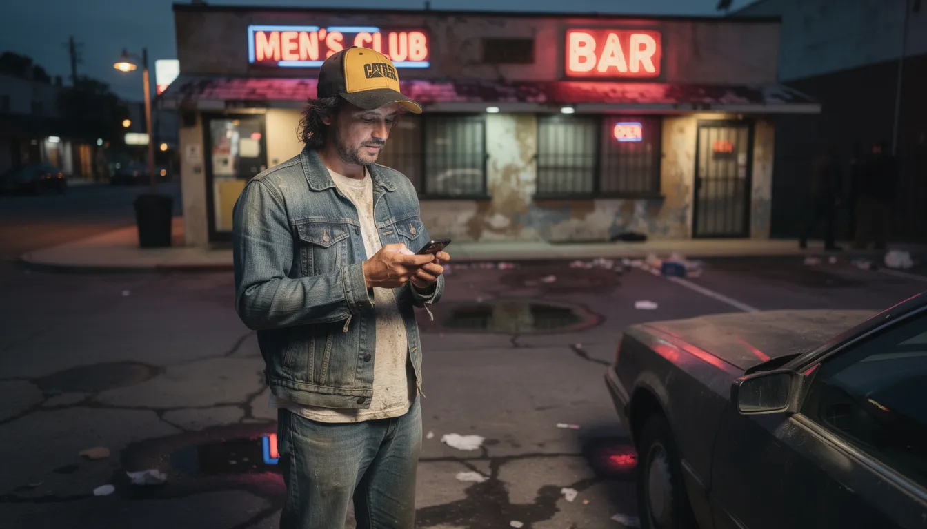 Sleezy man outside a men's club getting on his cell phone looking for some action