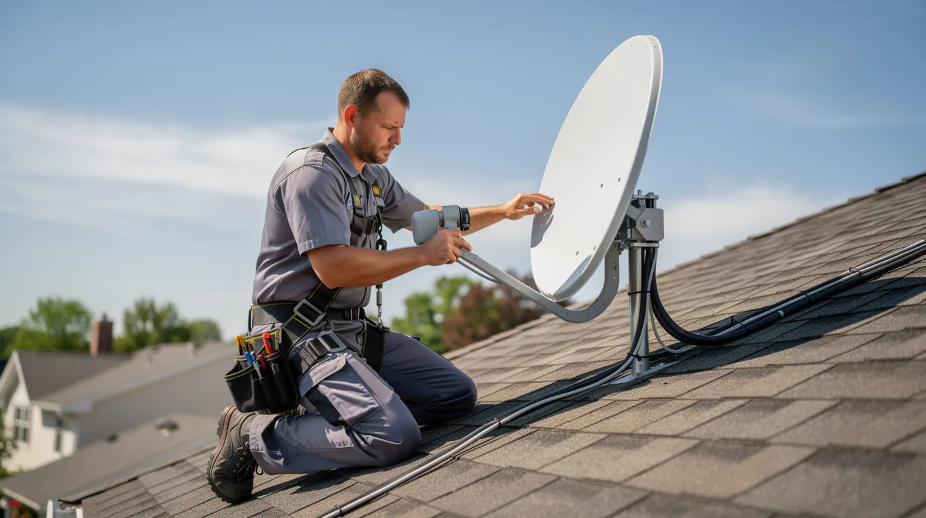 A professional technician is seen adjusting a satellite dish on a residential rooftop under a clear blue sky, ensuring optimal signal reception for quality DSTV installation services. This scene highlights the skilled professionals involved in providing top-notch DSTV installation and repair services.