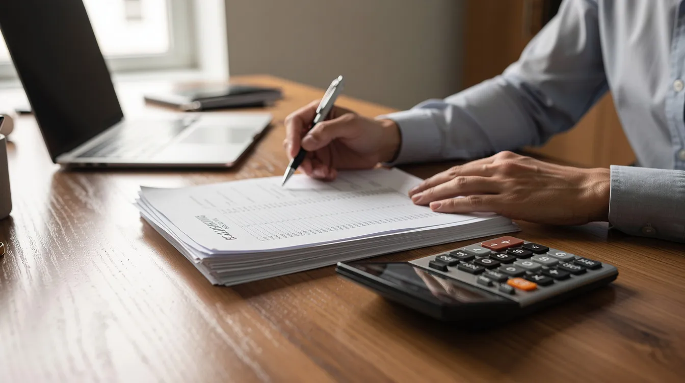 3da5c6f9 f3dd 4137 9506 8e5984108f17 A person is intently reviewing financial documents on a wooden desk, with a calculator nearby, suggesting careful consideration of loan amounts and terms related to cash credit or mudra loans. The scene reflects a focus on assessing eligibility and details for a potential loan application under the Pradhan Mantri Mudra Yojana.