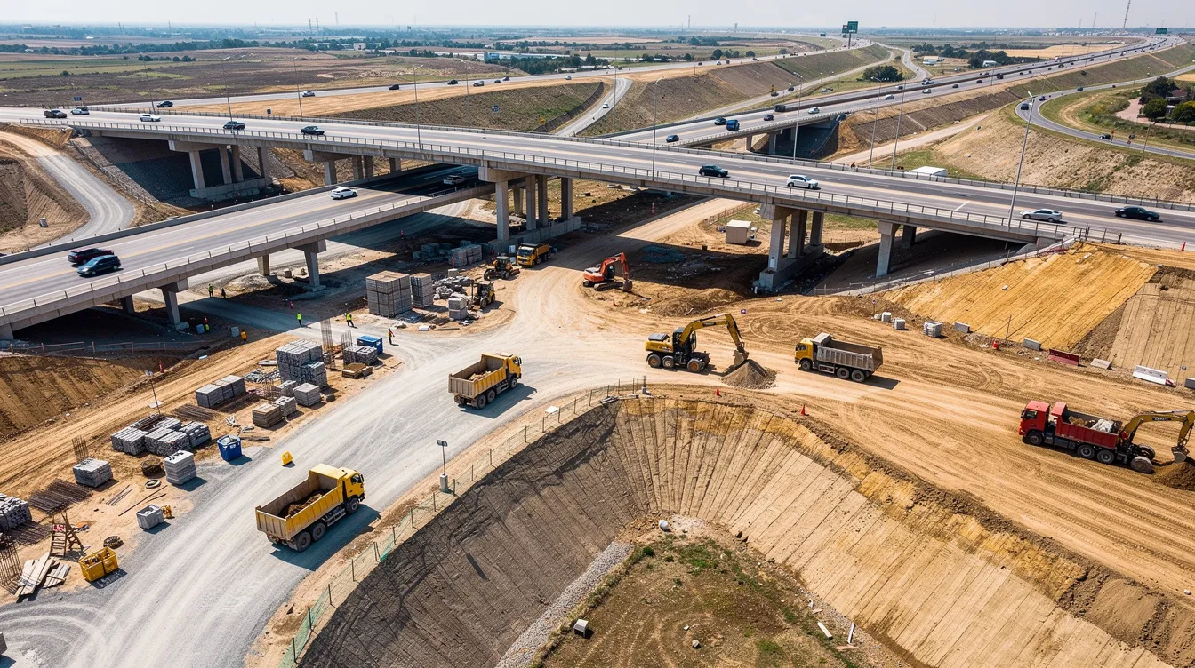An aerial view captures a large highway interchange construction project, showcasing heavy equipment and extensive earthwork. This scene highlights the scale of construction work, where contractors are required to adhere to prevailing wage requirements under the Davis-Bacon Act, ensuring fair pay for laborers involved in federally assisted construction contracts.