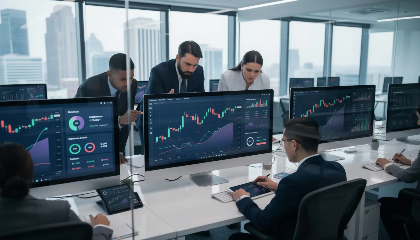 A group of business professionals is intently analyzing financial charts and data displayed on multiple computer monitors, discussing insights that could enhance their business processes. They are likely considering bespoke software solutions to improve operational efficiency and gain a competitive edge.