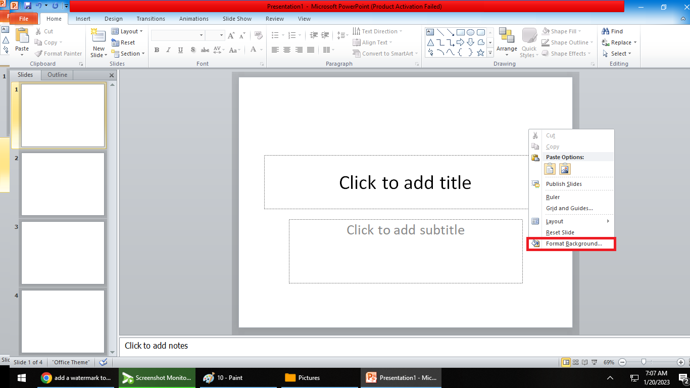 On the clear area of your presentation, press right-click on your mouse and select "Format Background"