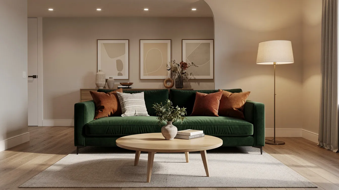 Groene velours bank met kussens, een ronde salontafel en warm licht