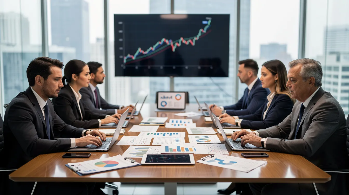 A group of business professionals is gathered around a conference table, intently analyzing financial charts and documents that reflect their corporate tax planning strategies. They discuss ways to reduce taxable income and optimize tax benefits, focusing on effective tax planning to manage their overall tax burden.